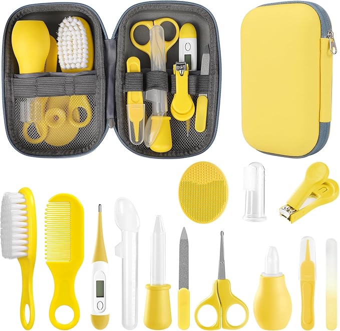 Baby Grooming Kit, Infant Safety Care Set with Hair Brush Comb Nail Clipper Nasal Aspirator,Baby Essentials Kit for Newborn Girls Boys (Yellow)