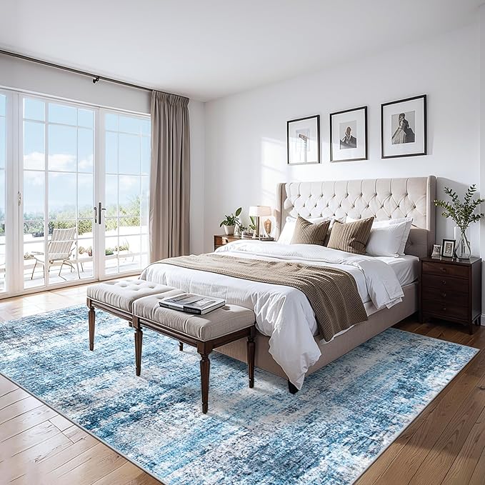 Area Rugs 10x12 Living Room - Washable Rug Modern Abstract Soft Large Neutral Non-Slip Carpet Indoor Floor Thin Carpets for Bedroom Dining Room Farmhouse Nursery Home Office Blue Grey