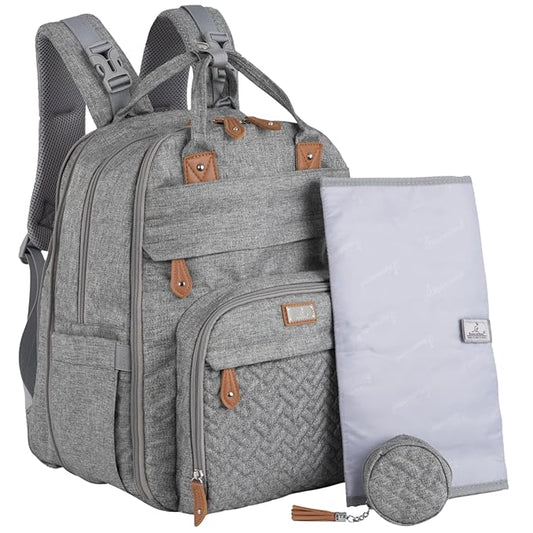 BabbleRoo Extra Large Diaper Bag Backpack, Expandable Baby Bag with Up to 50% More Capacity - Travel Essentials Baby Bag Tote with Changing Pad, Stroller Straps & Pacifier Case - Unisex, Light Gray