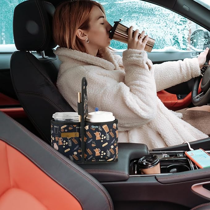 Beautyflier Drink Carrier with Handle for Delivery Reusable Insulated Coffee Cup Carrier Portable Cup Holder with Handle Organizer Tote Bag for Hot & Cold Drinks (2 Cup, Pattern3)