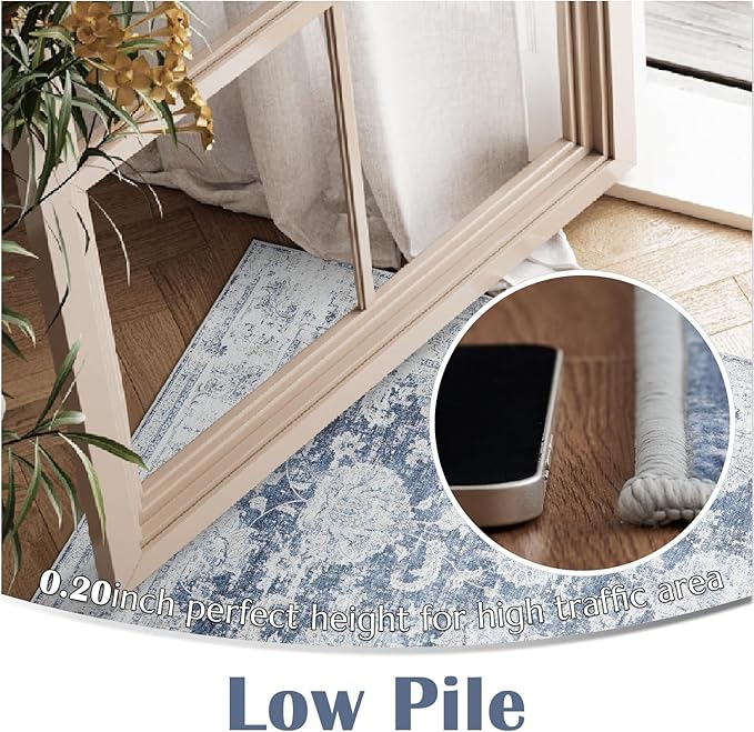 jinchan Washable Area Rug 8x10 for Living Room Soft Faux Wool Ultra-Thin Stain Resistant Non-Slip Distressed Vintage Floral Large Carpet for Bedroom,Dining Room,Home Office,Nursery(Dark Blue, 8'x10')