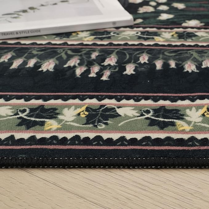 Area Rugs 8x10 Clearance Impressionist-Style Vintage Washable Area Rug Non Slip Low Pile Large Rug for Bedroom Farmhouse Dining Room Kids Playroom, Green