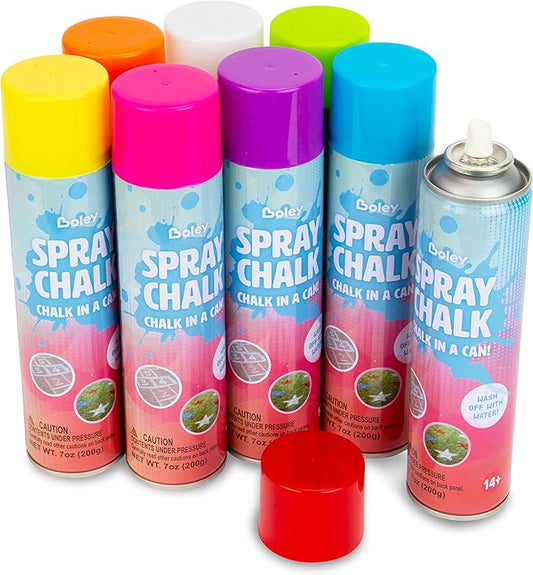 Boley Spray Chalk - 8 Pack Washable Sidewalk Chalk Spray Paint, 7 oz Each, Safe & Non-Toxic, Vibrant Colors for Outdoor Fun, Chalk for Asphalt, Grass, Snow, Sand, Concrete - Ages 14+