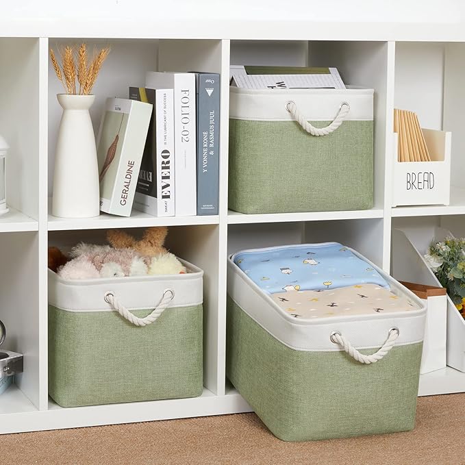 Bidtakay Large Fabric Baskets for Organizing [3-pack] Closet Organizers and Storage Baskets for Gifts Empty Foldable Nursery Baskets for Toy Storage 15 X 11 X 9.5 Inches (White&green)