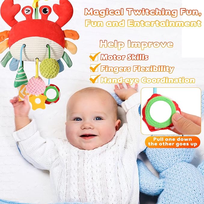 Car Seat Toys for Babies 0–12 Months, Hanging Infant Plush Rattle Toy with Mirror & Crinkle Clip-On Activity Toy for Car Seat, Stroller, Crib & Play Gym Baby Gift for Boys & Girls