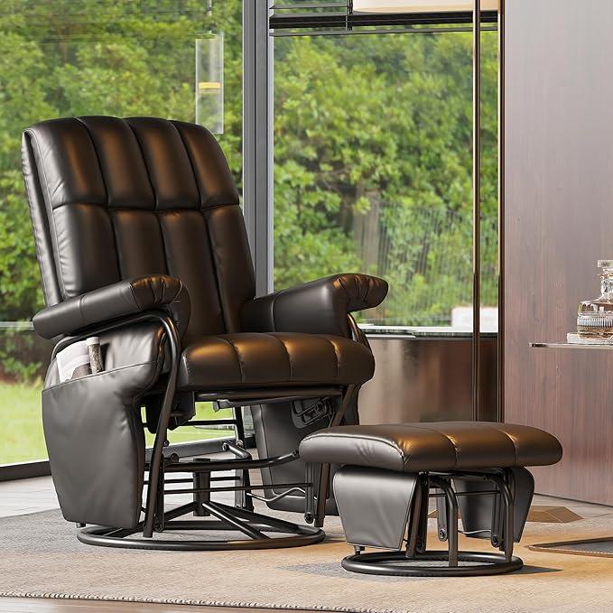JIASTING 360° Swivel Recliner Chair with Ottoman & Double Side Pockets, Nursing Glider Rocking Recliner Chair, Gliding Chair for Nursery, Living Room, Office, Bedroom, Metal Frame (Black 1)