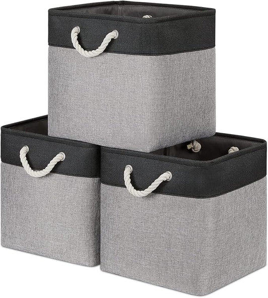 Bidtakay Fabric Cube Storage Bins for Organizing 13x13 Large Storage Baskets Decorative Storage Bins for Home Storage Set of 3 Shelf Organizer Bins for Toy Storage (Black&grey)