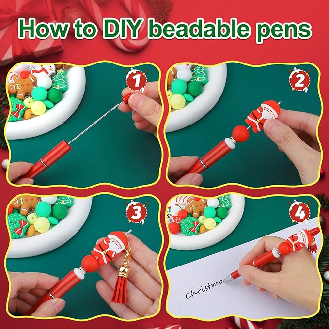 CZWZ 8 Pcs Christmas Beadable Pens, Plastic Beadable Pens with Multicolor Silicone Beads, Christmas Snowman Pine Tree Floral Hoop Deer Pens for Christmas Gifts Office School Supplies