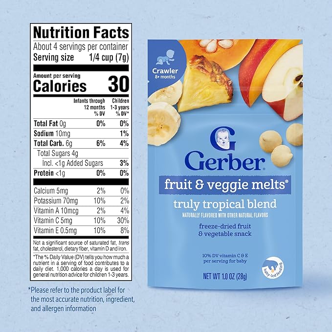 Gerber Stage 3 Baby Snacks, Truly Tropical Blend, Fruit & Veggie Melts, Baby Led Feeding, 7PK