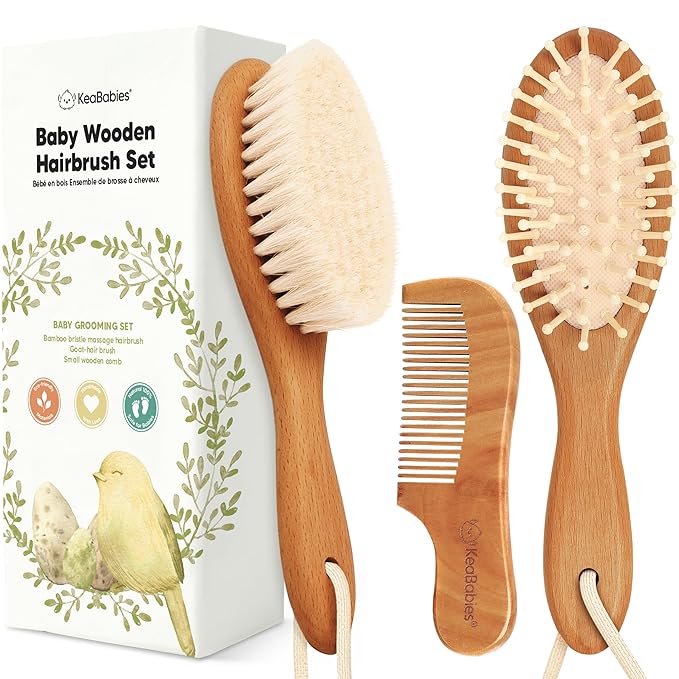 Baby Hair Brush and Comb Set for Newborn - Wooden Baby Hair Brush Set with Soft Goat Bristle, Baby Brush Set for Newborns, Baby Brush and Comb Set Girl, Boy, Toddler Cradle Cap Brush(Oval, Golden Oak)