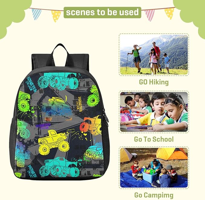 Colorful Monster Truck Toddler Backpack Waterproof Mini Backpack Boys/Girls Cute Small Kindergarten Pre School Bag