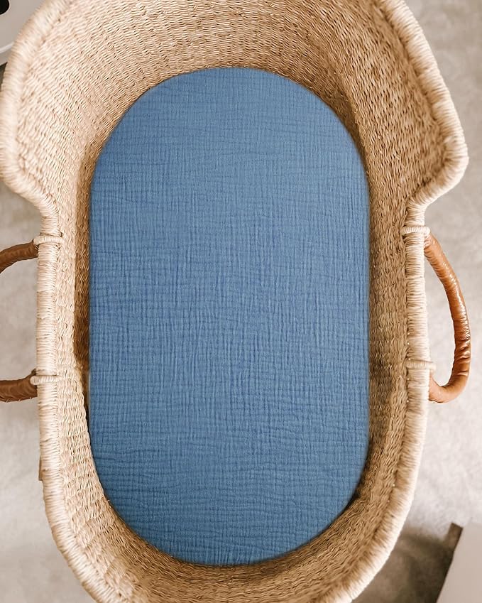 Bassinet Sheet for Baby Boy and Girl, Fitted Sheets for Rectangle, Oval, Hourglass Bassinet Mattress, Muslin Moses Basket Sheets with Neutral Style (Blue)