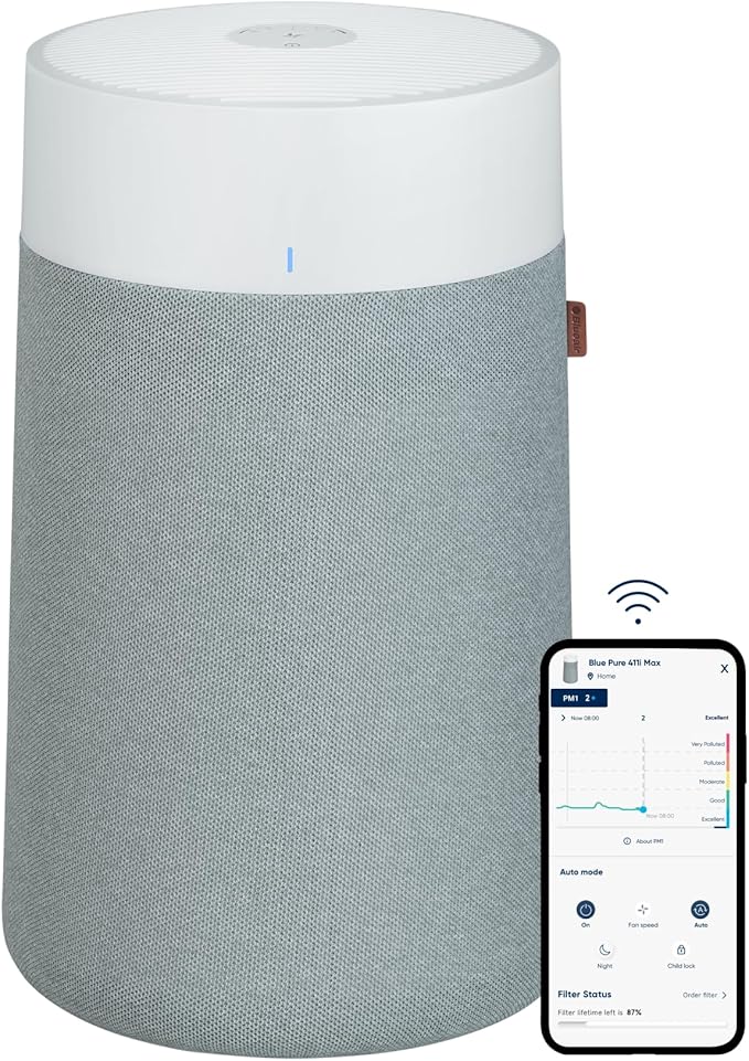 BLUEAIR Air Purifiers for Bedroom, HEPASilent Air Purifiers for Home, Air Purifiers for Pets Allergies Air Cleaner, Smart Air Purifier, Small Room Air Purifier, Virus Air Purifier, Blue Pure 411i Max