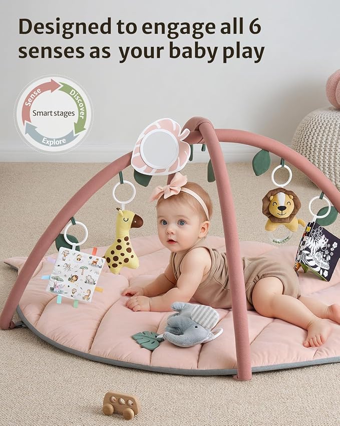 Blissful Diary Baby Play Gym & Activity Mat, Oversize Leaf Shaped Tummy Time Baby Play Mat w 6 Detachable Toys Promotes Motor Skills & Sensory Development, Newborn Infant Essentials Gift, Crystal Pink