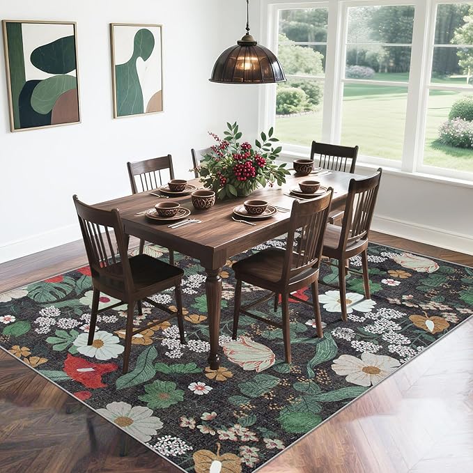 8x10 Area Rug for Living Room: Vintage Floral Washable Rug Soft Boho Non Slip Carpet Large Indoor Floor Non Shedding Low Pile Thin Carpets for Bedroom Dining Room Farmhouse Nursery Home Office Green