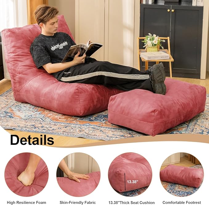 Bean Bag Chair with Ottoman, Comfy Bean Bag Sofa with Memory Foam, Lazy BeanBag Sofa with Footstool, Fireside Bean Bag Couch for Living Room, Bedroom, Apartment
