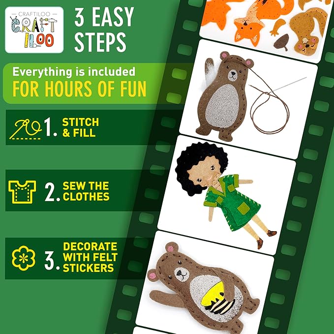CRAFTILOO Woodland Sewing Kit for Kids, Fun and Educational Fairytale Craft Set for Boys and Girls Age 8-12, Sew Your Own Felt Forest Animal Craft Kit for Beginners