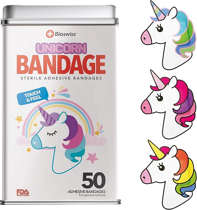 BioSwiss Bandages, Unicorn Shaped Self Adhesive Bandage, Latex Free Sterile Wound Care, Fun First Aid Kit Supplies for Kids, 50 Count