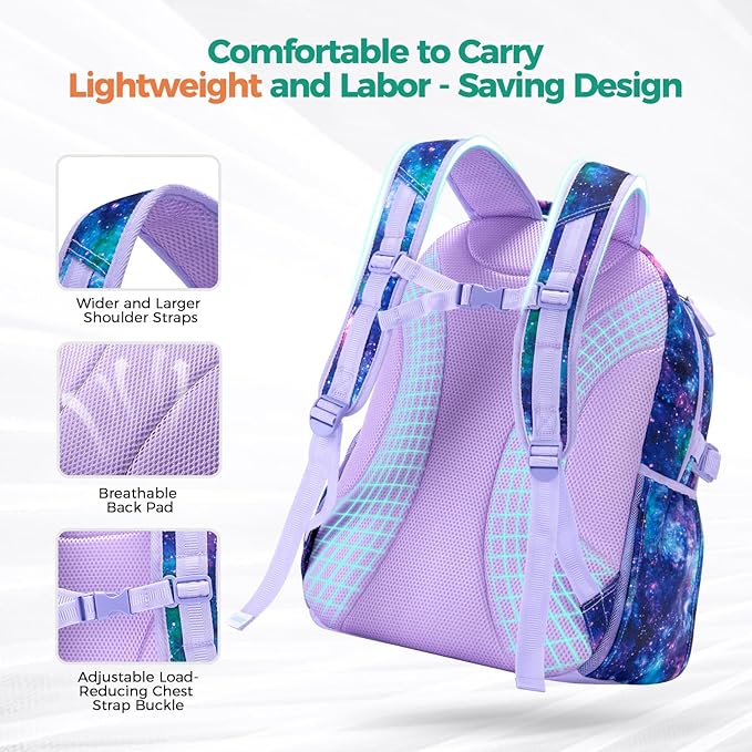 Choco Mocha Galaxy Backpack for Girls, Elementary School Backpack for Girls Ages 6-8 Kids Kindergarten Backpack Large Bookbag 18 Inch with Chest Strap, Purple