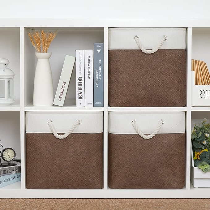 Bidtakay Collapsible Rustic Cube Storage - Brown Cloth Baskets with Handles, 13x13x13 Inch, Set of 3 Fabric Storage Bins