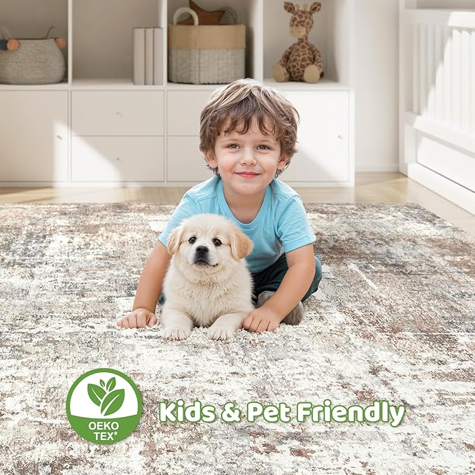 Area Rug Living Room Rugs: 5x7 Washable Large Abstract Modern Soft Stain Resistant Indoor Floor Non Slip Accent Carpet for Bedroom Nursery Playroom Dining Room Office Dorm Home House Decor- Brown