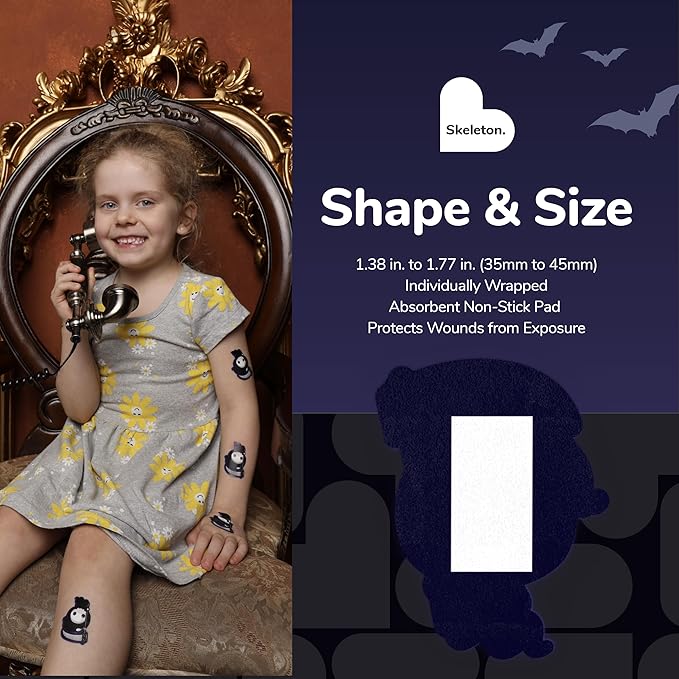 BioSwiss Bandages, Halloween Skeleton Shaped Self Adhesive Bandage, Latex Free Sterile Wound Care, Fun First Aid Kit Supplies for Kids, 24 Count