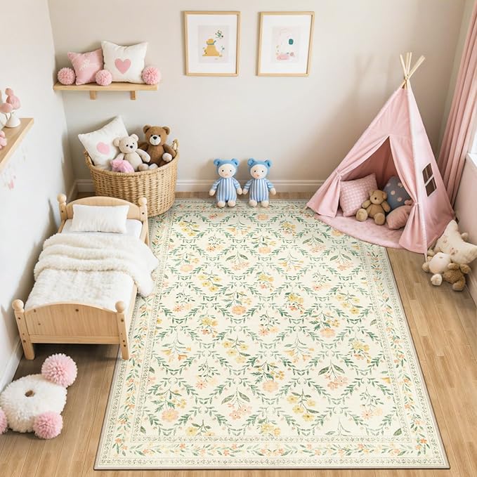 Area Rug Living Room Rugs: Floral 5x7 Washable Rug Vintage Soft Boho Non-Slip Carpet Indoor Stain Resistant Large Carpets for Bedroom Dining Room Farmhouse Nursery Hallway Home Office Beige/Multi