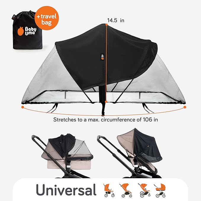 Baby Uma 2-in-1 Mosquito Net for Stroller & Stroller Sun Shade - UPF 50+ Baby Sun Protection, Breathable Blackout Mesh Baby Mosquito Net (+ Travel Bag)