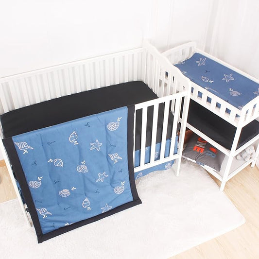 CaSaJa 4-Piece Crib Bedding Set for Boys and Girls, Nursery Baby Bedding Set Including Quilted Comforter with Fitted Crib Sheet and Changing Pad Covers, Reversible Quilt Design, Sea Conch