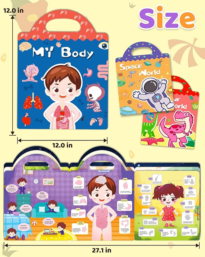Benresive Reusable Sticker Books for Kids 2-4, Sticker Books for Toddlers 1-3 2-4, Toddler Travel Toys Activities Crafts Gifts - Dinosaurs, Space and Body