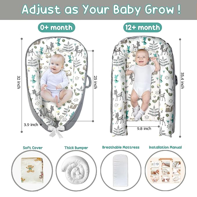 Baby Lounger - Baby Lounger for Newborn 0-24 Months, Breathable, Soft Cotton Baby Nest, Portable Infant Lounger for Home & Travel, Newborn Essentials Gift (Grey Deer)