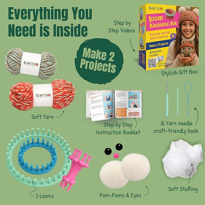 CRAFTILOO Knitting Kit for Kids – Beginner Knitting Kit to Make a Hat & Cat – Quick Knit Loom Kit with Yarn, Tools & Instructions – Knitting for Beginners Kit for Girls & Boys Ages 8+