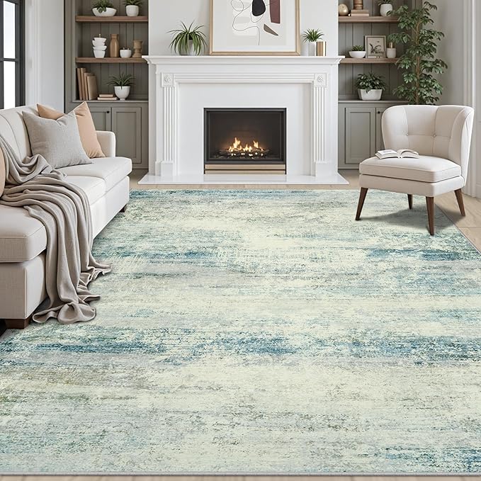 Area Rug 9x12 Washable Rugs: Abstract Large Living Room Rugs with Non-Slip Backing, Thin Carpet for Dining Room Table Bedroom Nursery Indoor Home Office-Blue/Gray