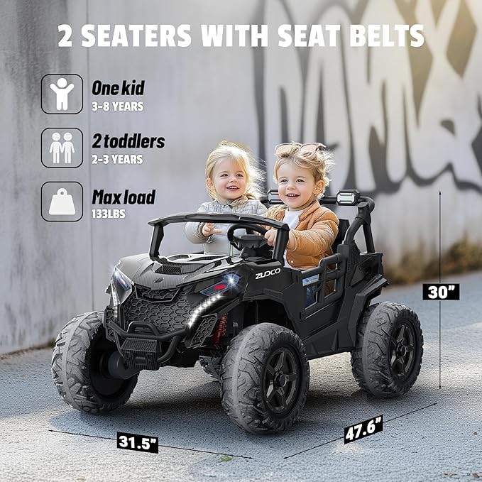 24V 2 Seater Ride on Car Truck, 4x200W, EVA Tires, 4WD/2WD, Rainbow Lights, Remote Control, Shock Absorbers, Bluetooth, Ride On UTV Toy for Kids Ages 3-8, Black