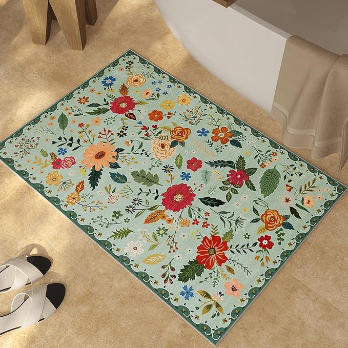 3x5 Area Rug, Floral Green Washable Rug for Entryway, Non Slip Flower Area Rugs, Soft Low Pile Indoor Doormat Small Carpet, Rugs for Living Room Bedroom Nursery Kitchen Dining Room, Sage Green