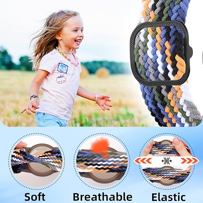 Bracelet for Kids Compatible with AirTag, Nylon Stretch Braided Air Tag Wristband, Protective Case for Airtag GPS Tracker Holder, Adjustable Elastic Watch Band for Toddler Child Elder (Rainbow)