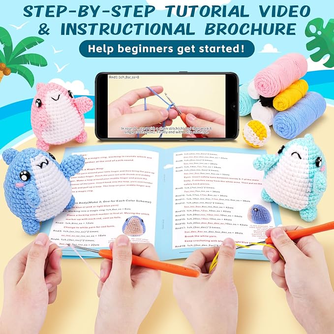 Crochet Kit for Beginners -3 PCS Sharks with a Ball Crochet Kit with Step-by-Step Video Tutorials, Beginner Crochet Kits for Adults Kids, Crochet Animal Kit, Shark Beach Party Crocheting Set