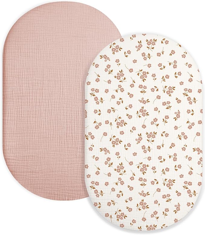 Bassinet Sheet for Baby Boy and Girl 2 Pack, Fitted Sheets for Rectangle, Oval, Hourglass Bassinet Mattress, Muslin Moses Basket Sheets with Neutral Style (Floral & Pink)