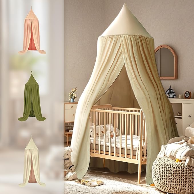 Cotton Kids Bed Canopy, Nursery Room Baby Crib Hanging Curtain Mosquito Net Hideaway Bedding Children Reading Nook Decoration, Pastel Neutral Color for Boys & Girls (Beige)