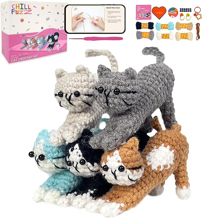 ChillFuzz Animal Crochet Kit Beginner Crochet Kit for Adults and Kids with Yarn Hook and Instructions Fun DIY Craft Gift Yoga Cat