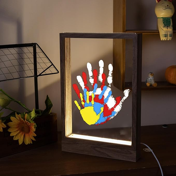 CHERRY CHEERS Family Handprint Kit with Light, Handprint Keepsake Frame, Wooden Led Light, Easy Install, No Need Screw etc, Non-Toxic Paints (Brown)