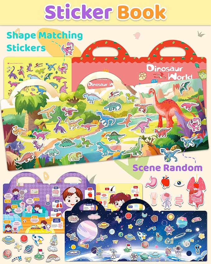 Benresive Reusable Sticker Books for Kids 2-4, Sticker Books for Toddlers 1-3 2-4, Toddler Travel Toys Activities Crafts Gifts - Dinosaurs, Space and Body