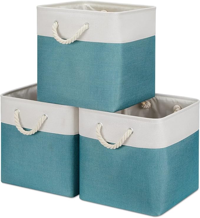 Bidtakay Fabric Baskets for Closets Shelves Lined Set of 3 Large Square Collapsible Storage Bins for Organizing 13 X 13 Cube Storage Bins for Pantry Organization Storage(Teal Blue)