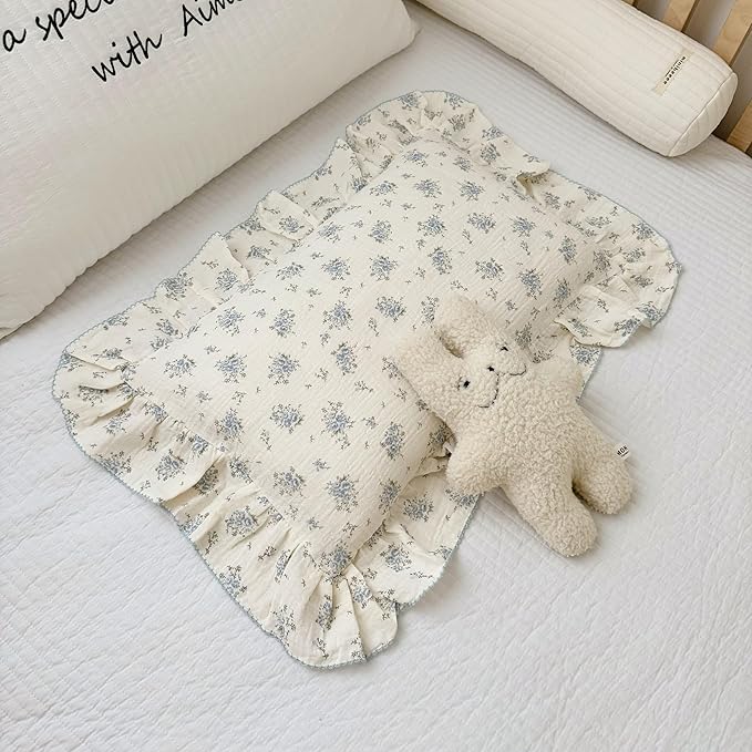 BuLuTu Cotton Muslin Toddler Pillowcases with Blue Flowers Print Soft Breathable Gauze Small Pillow Case for Toddler Boys Girls Nursery Decor, Shower Gift, 14"x20", 1 pc