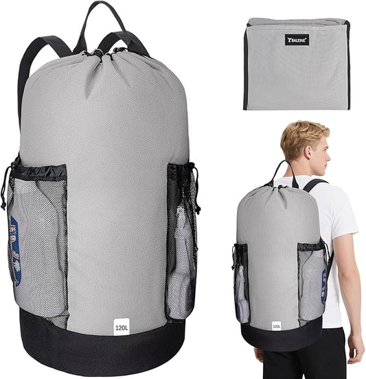 BALEINE 120L Laundry Bag Backpack, 900D Oxford Fabric Large Travel Laundry Bags with Shoulder Straps and 2 Mesh Pockets for College Dorm, Apartment, Laundromat (Gray, 120L)