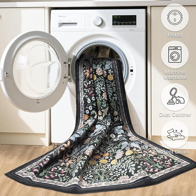 8x10 Area Rugs for Living Room: Floral Washable Rug Vintage Large Soft Boho Non-Slip Carpet Indoor Stain Resistant Low Pile Carpets for Bedroom Dining Room Farmhouse Nursery Home Office Dark Black