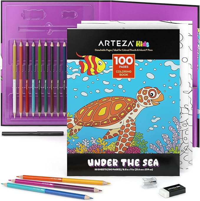 ARTEZA Kids Coloring Book and Colored Pencils Kit, 8.5x11 Inches, Sea Creature Illustrations, 50 Double-Sided Coloring Sheets, 100-lb Paper