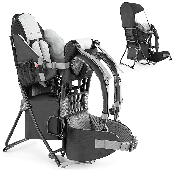 besrey Baby Backpack Carrier, Toddler Hiking Backpack with Safety 3-Height Seat, Adjustable Straps&Waist Belt, Foldable Frame Lightweight Large Capacity Child Carrier for Hiking (Black)