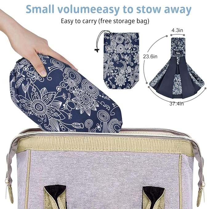CUBY Wrap Baby Sling Carrier, Baby Wraps Sling Carrier Adjustable Breathable Lightweight Easy to Wearing - Baby Slings for Newborn Infant Toddler Front & Hip Carry Up to 40lbs (Dark Blue Floral)