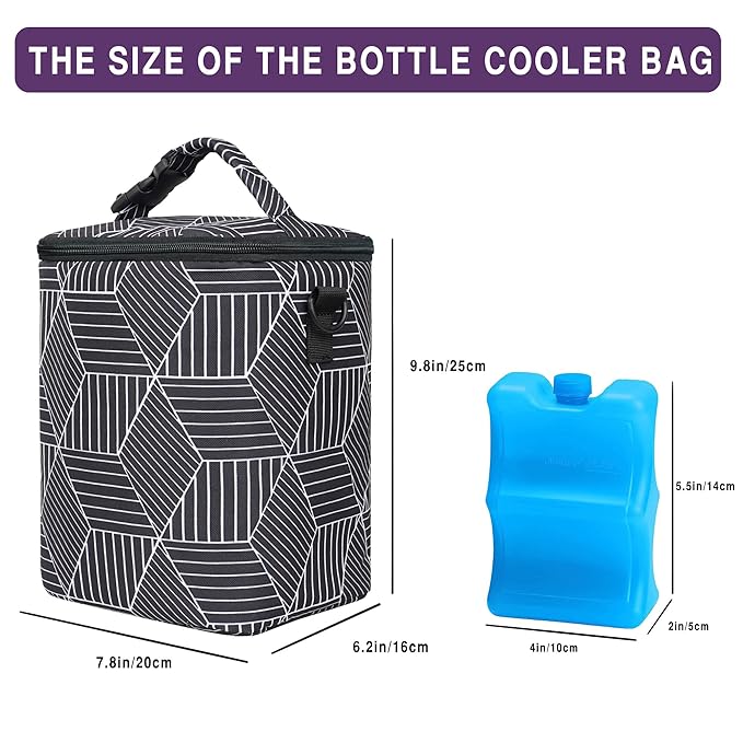 Breastmilk Cooler Bag with Ice Pack Fits 4 Baby Bottles Up to 9 Ounce Insulated Baby Bottle Bag Breast Milk Cooler on The Go with Strap Baby Bottle Cooler Bag for Nursing Mom Daycare or Travel